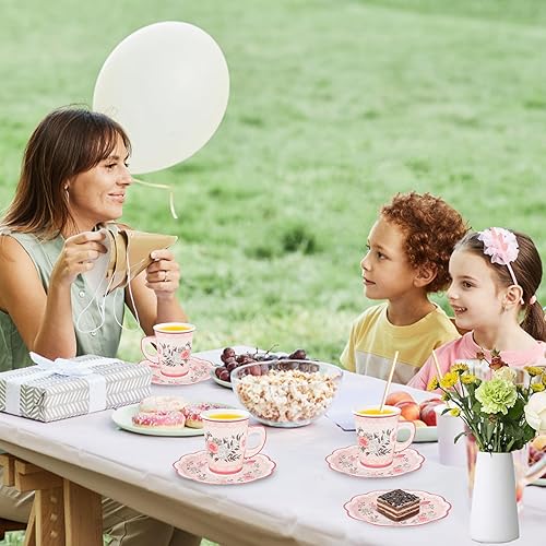 Miniatura 7 de Tazas desechables para fiesta de té, paquete de 24 tazas de té y platillos florales, tazas de té de papel con asas, decoraciones de fiesta de té