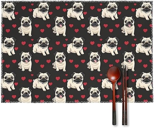 Pug Dog Placemats Set of 6 Resistant Table Mats Washable Place Mats for Dinner Party Table Decoration