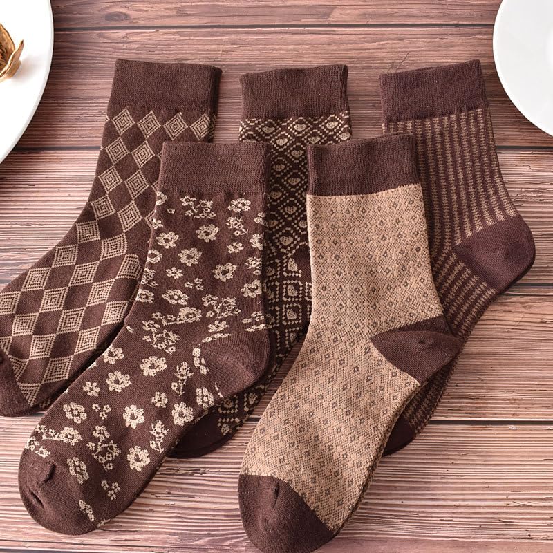 Vintage Gingham Brown Cotton Socks for Women Winter Casual Warm Socks Patterned Walking Socks Crew Socks 5 Pairs2