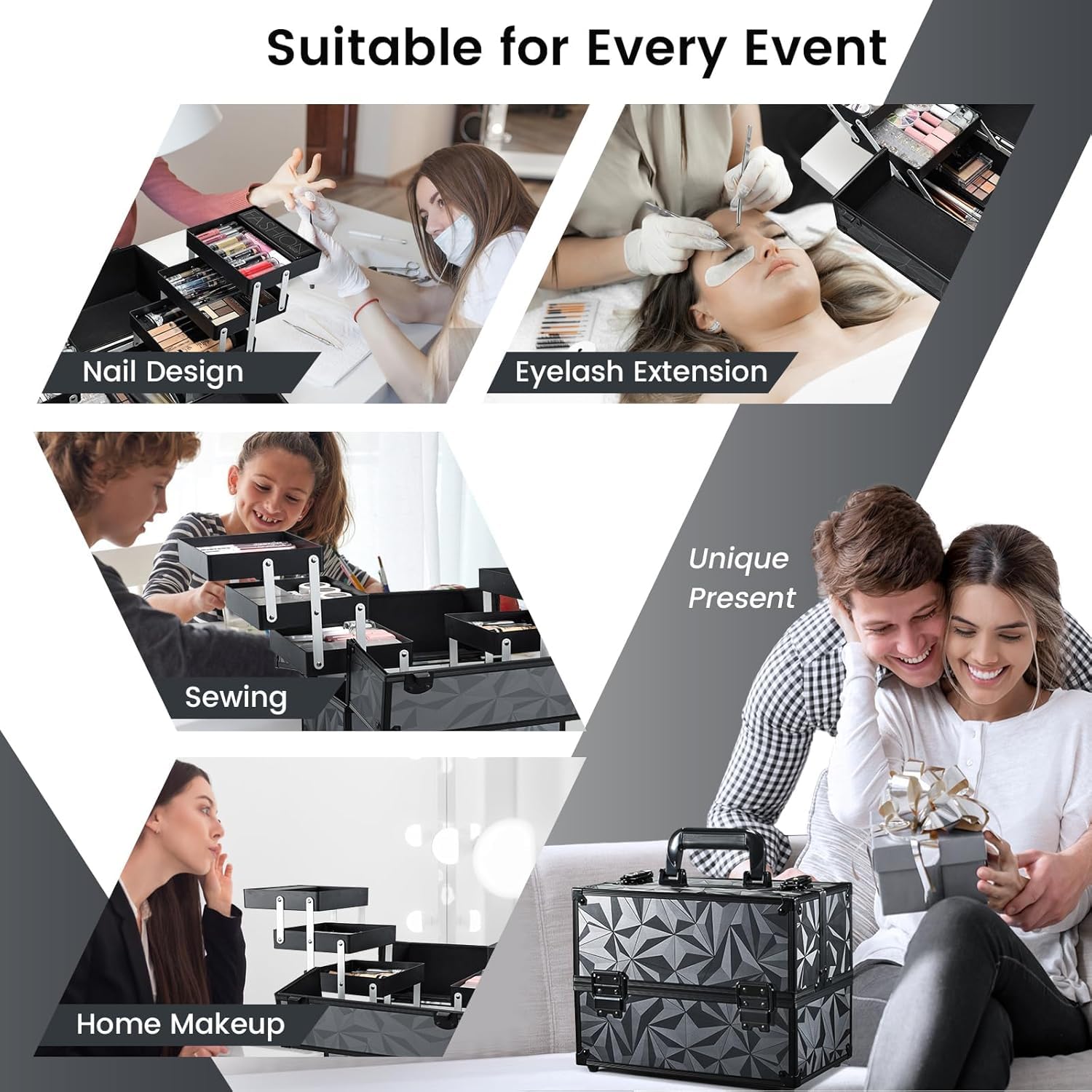Maletin Maquillaje Grande Profesional Estuche Maquillaje Caja de Viaje Maletín Manicura Joyero Organizador Esmalte de Uñas con 6 Bandejas Regalos para Mujer 30.5x18x22.5cm, Gris Negruzco