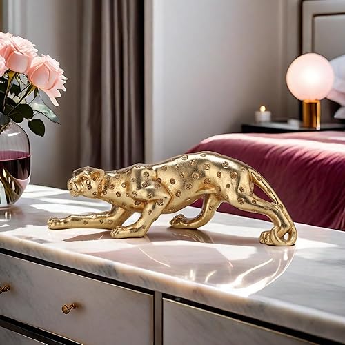 Miniatura 4 de Estatua de guepardo dorado de 10 pulgadas de largo, estatuas de leopardo con purpurina, decoración del hogar, escultura de animal dorado antiguo,