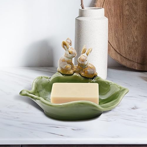 Miniatura 3 de Jabonera de cerámica de conejo, jabonera decorativa de conejo, soporte de esponja, cuenco para llaves y bandeja de joyas, verde, baño, cocina,