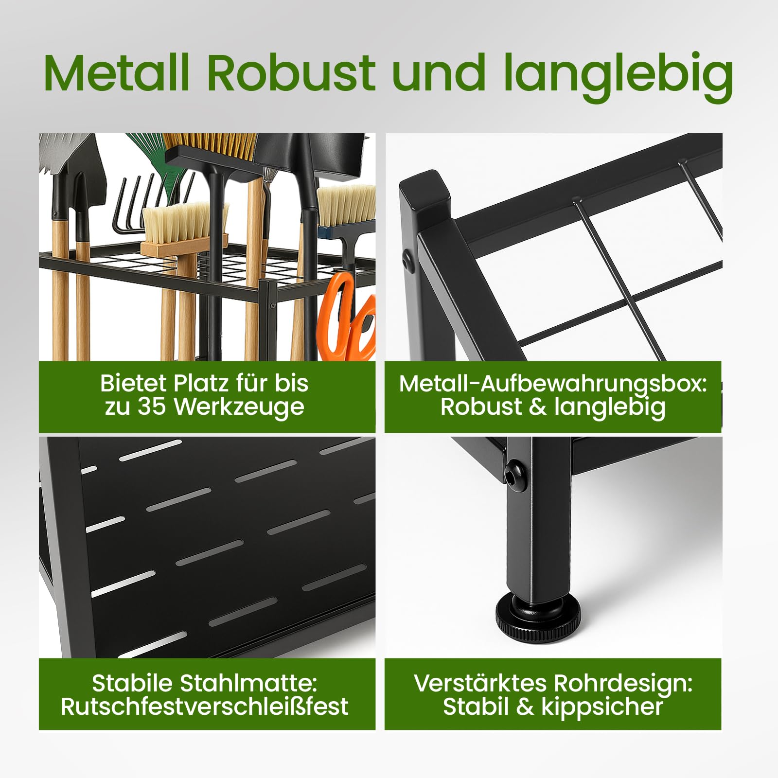 Gartenwerkzeug-Ständer aus Metall – Platz für 35 Werkzeuge, Höhenverstellbar & Kompakt | Ordnungssystem für Garage, Schuppen & Garten | Mit Haken für Rechen, Besen & mehr | Robuster Schwarzer Werkzeu