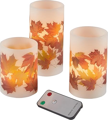 Lights4fun, Inc. - Juego de 3 velas de cera de hojas de otoño, funciona con pilas, sin llama, LED de Acción de Gracias con control remoto