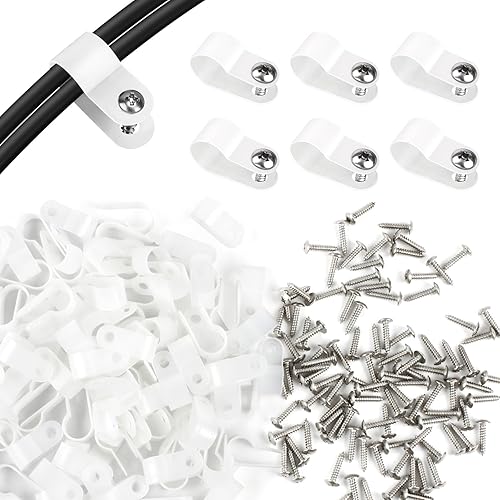 RGBZONE 120 clips de cable tipo R blancos de 38 pulgadas con tornillos, clips de alambre de plástico de nailon para gestión de cables eléctricos en