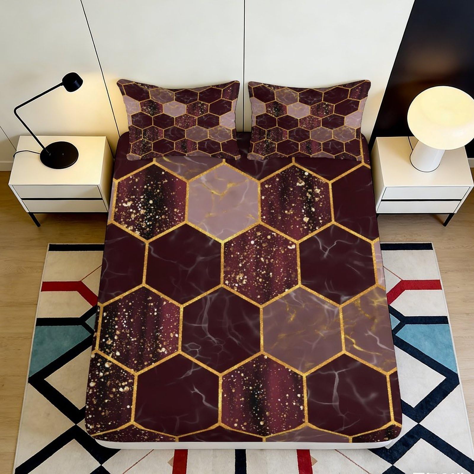 Jqzkxnhpbr Style-1 3D Printed Burgundy Hexagon Fitted Sheet Microfiber Soft Geometric Bed Cover For Bedroom Guest Room Easy Care 90X200x25cm