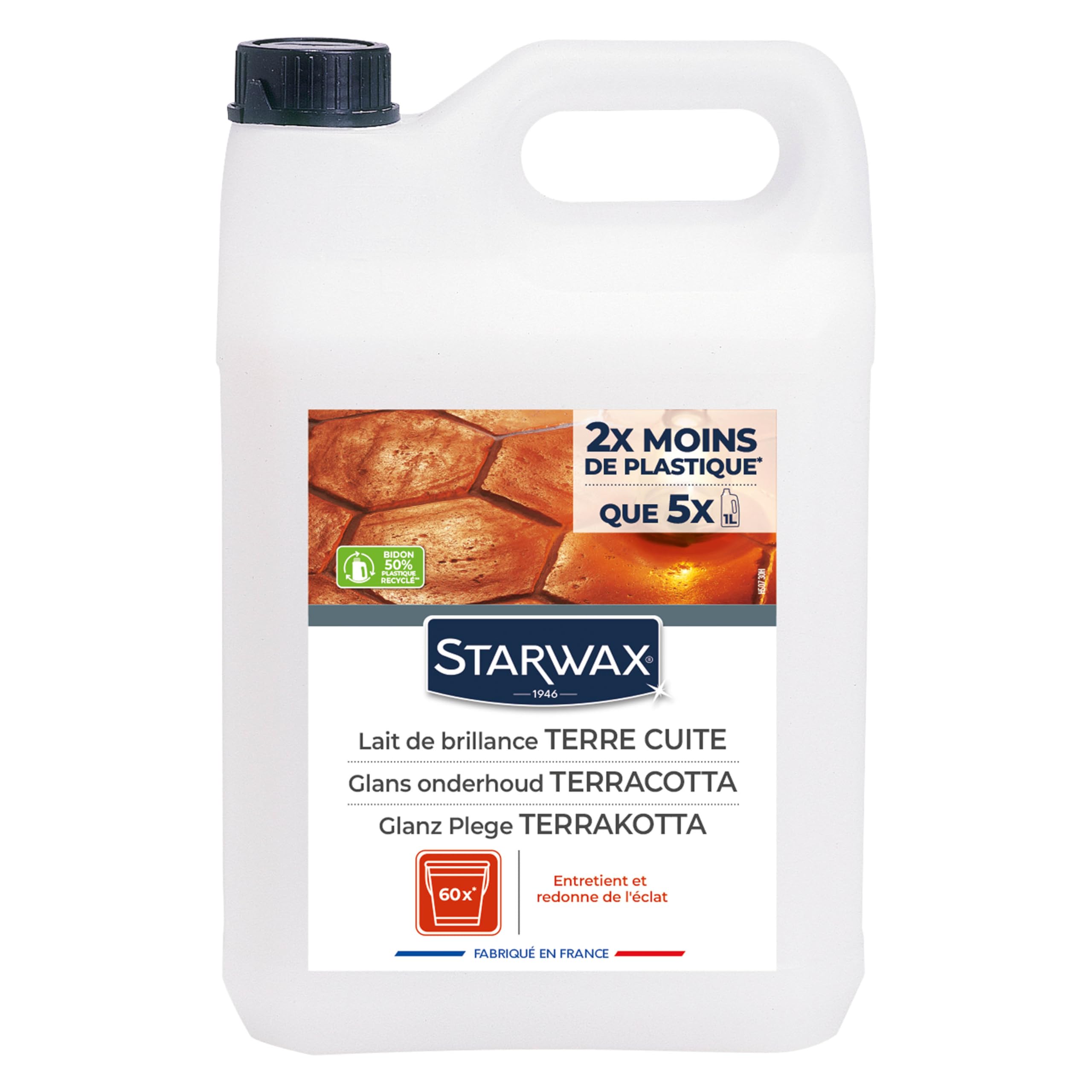 STARWAX Leche de Brillo Barro Cocido 5L | Protege y hace brillar suelos de tomette y terracota, 2 en 1 limpieza y brillo, sin enjuague, rendimiento 750 m²/L