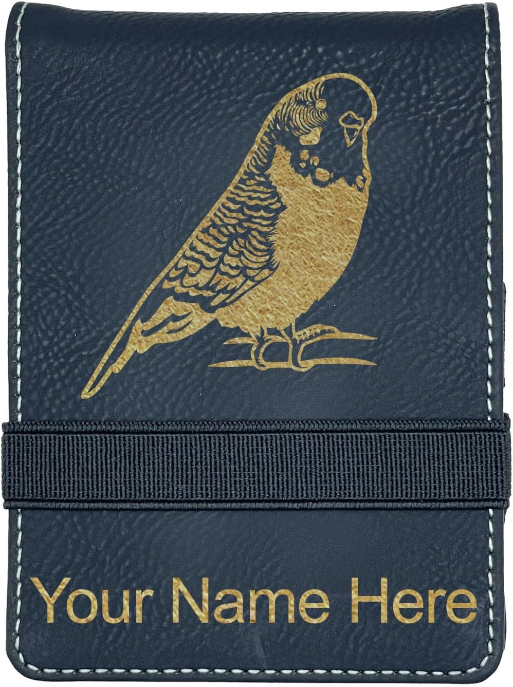 LaserGram Mini Padfolio with Notepad and Pen, Parakeet, Personalized Engraving Included (Black with Gold)