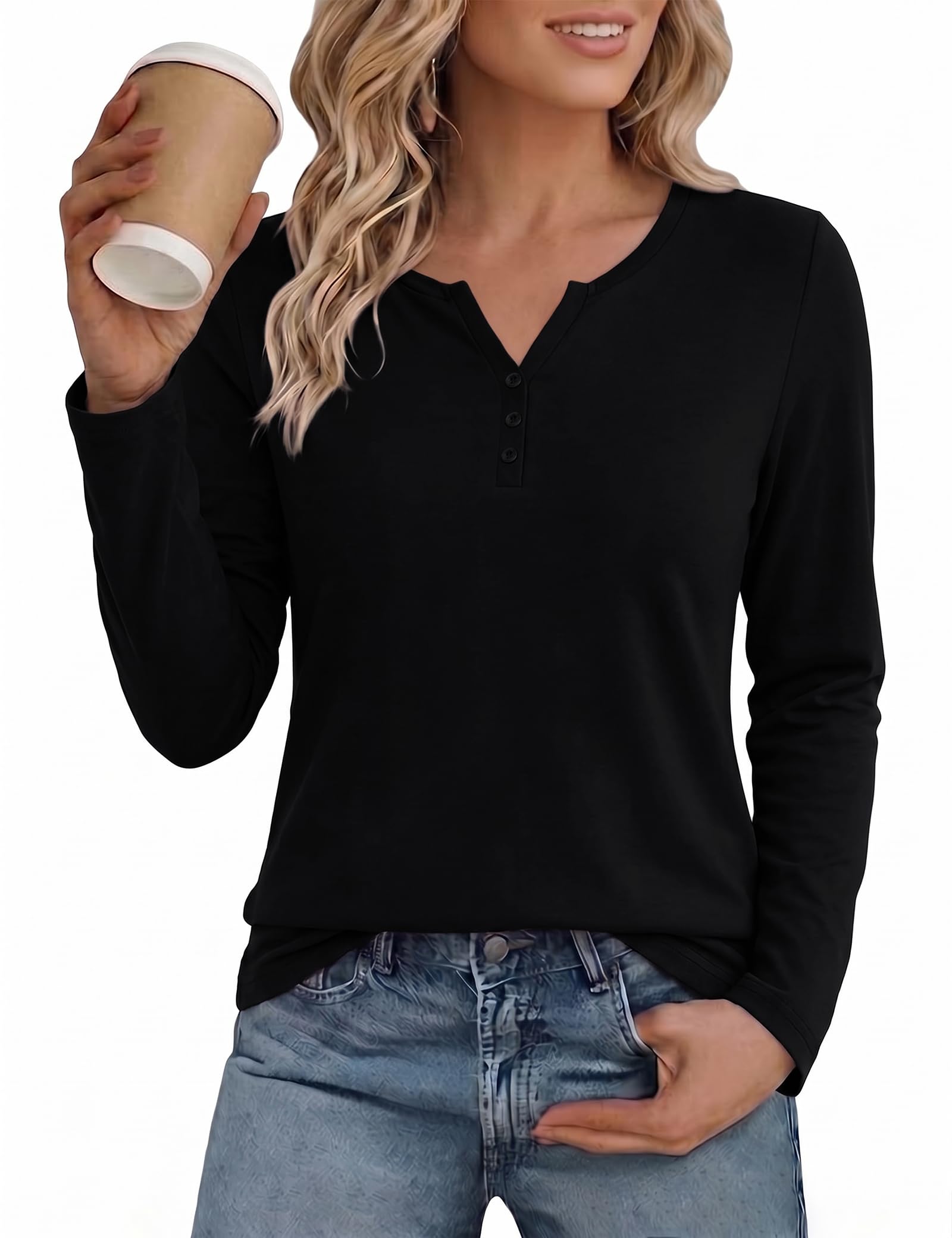 Totatuit Langarmshirt Damen Henley T-Shirt V Ausschnitt Locker Bluse S-XXL | Basic Shirt mit Knopfleiste Einfarbig, Oberteil Langarm Casual, Lässig Top für Herbst Winter und Übergangszeit