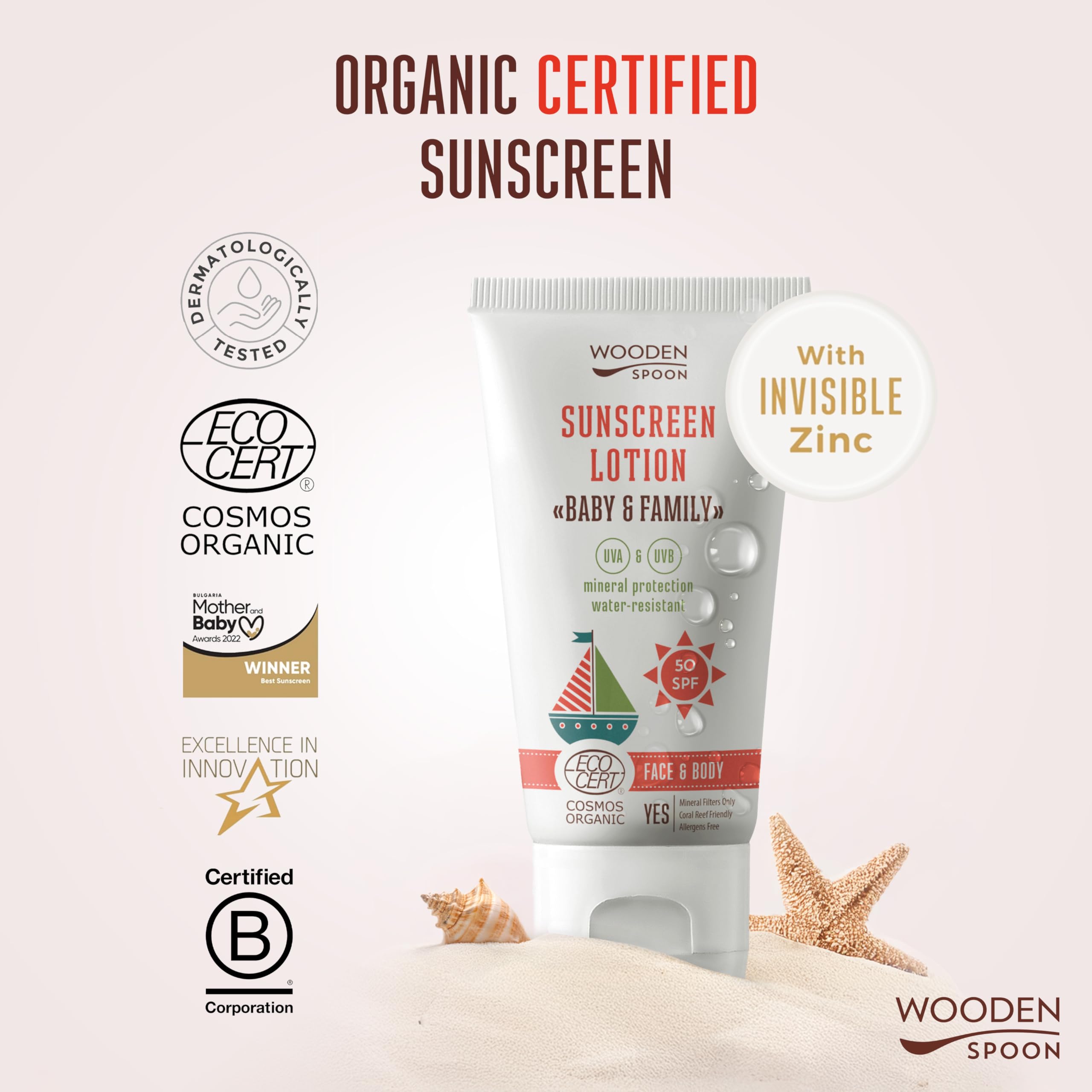 Wooden Spoon Crème Solaire Bio Bébé et Famille SPF 50 – 100% Naturelle, Zinc Invisible, Sans Trace Blanche, Hypoallergénique, Vegan, Résistante à l’Eau – 150 ml