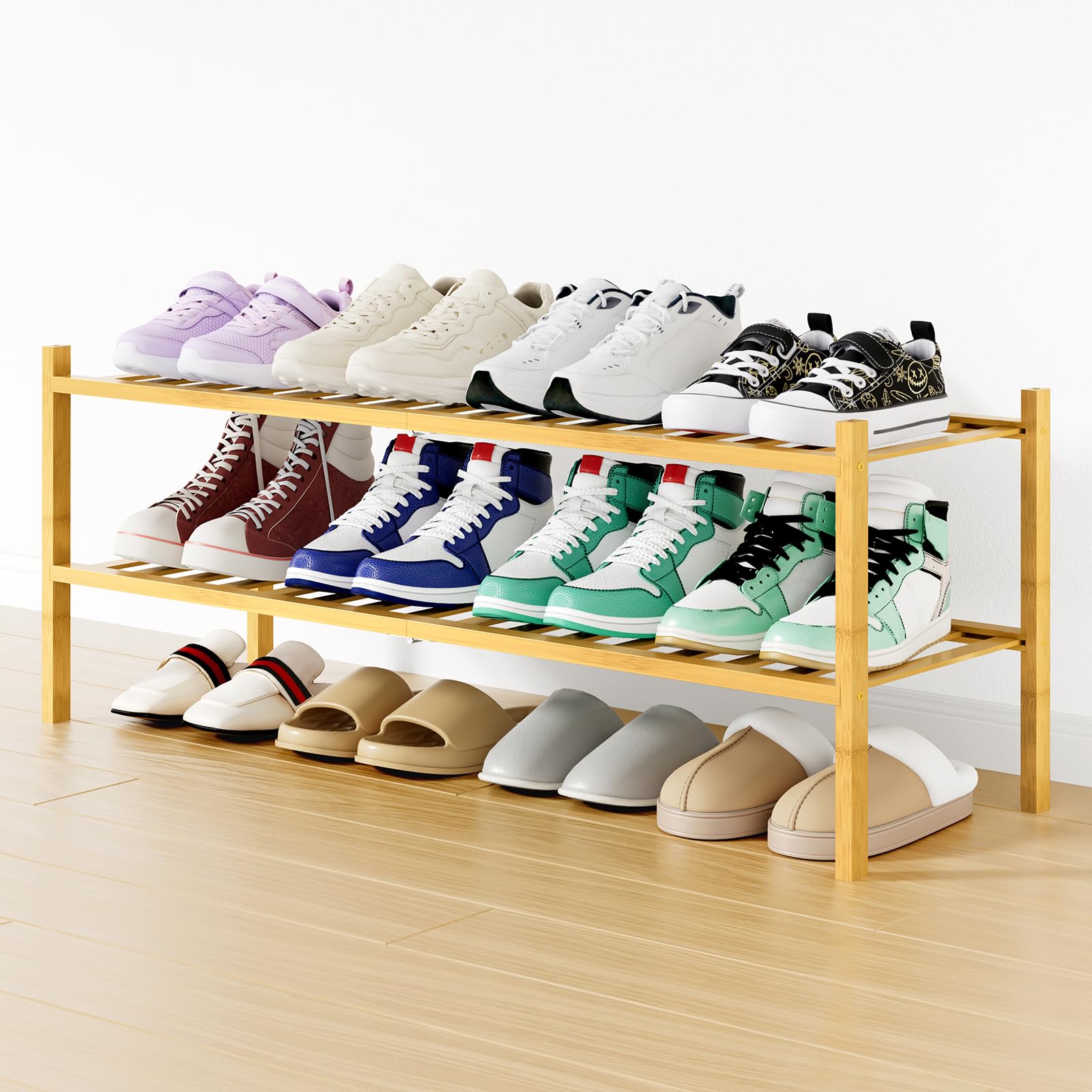 Smiry Shoe Rack, 2 Tier Long Bamboo Shoe Organizer, Stackable Free Standing Wooden Shoe Storage Shelf for Closet, Entryway, Front Door Entrance,