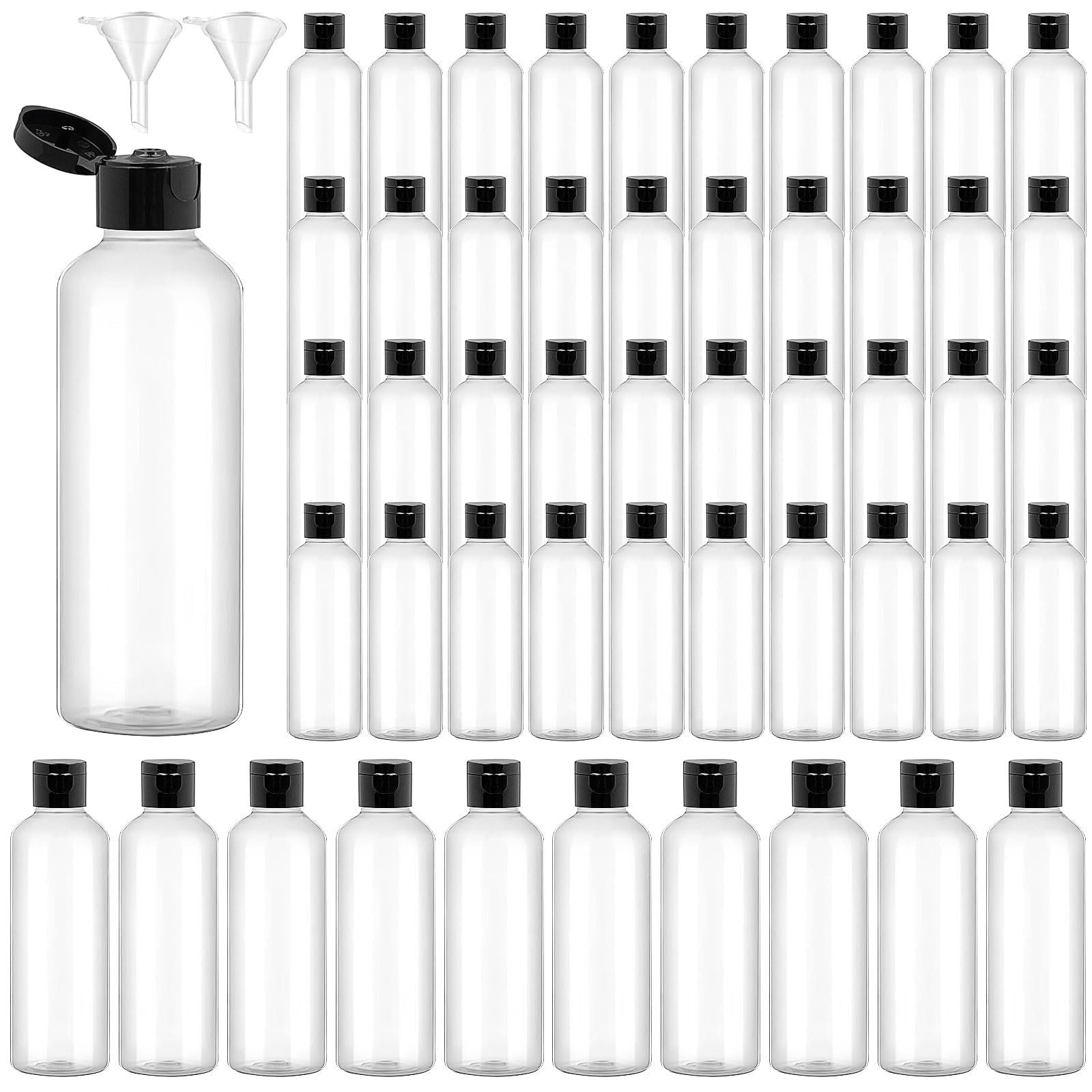 YFNVH 50Pcs 100ml Plastic Travel Bottles with Flip Cap Small Clear Squeeze Bottles for Toiletry Empty Refillable Leak Proof Containers with 2 Transfer Funnels for Cosmetic Shampoo Body Soap Lotion