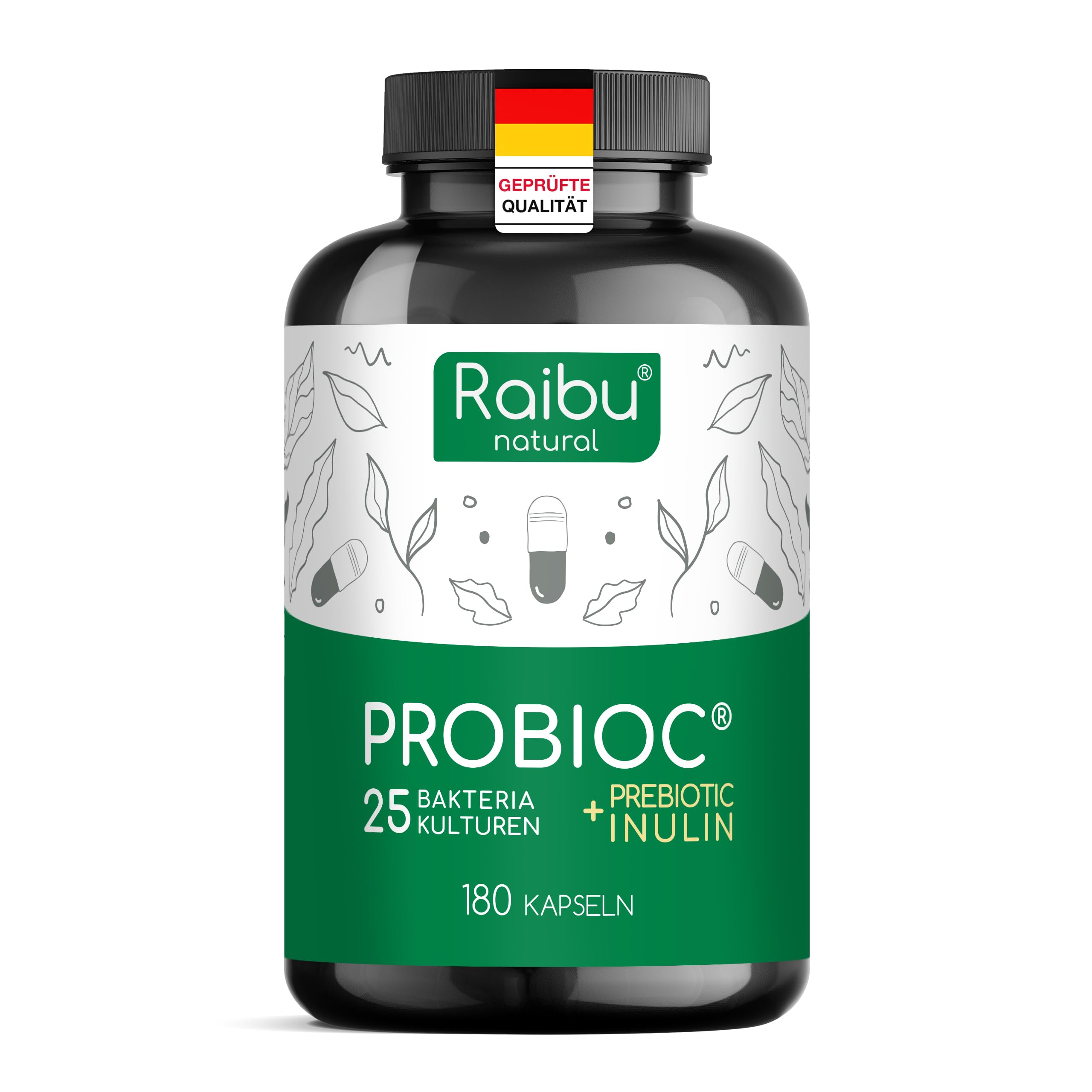 Probioc Kulturen Komplex – 25 Stämme + Inulin, 180 magensaftresistente Kapseln (vegan)