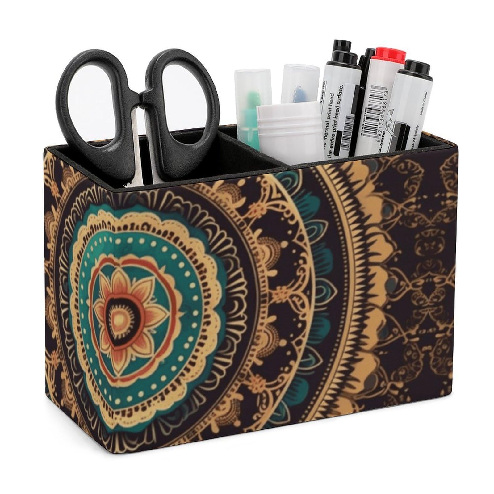 LZQPOEAS Exquisite Patterns PU Leather Pen Holder, Multifunctional Desktop Organizer Caddy with 2 Compartments, Mandala Pencil Cup Makeup Brush Holder for Office Home
