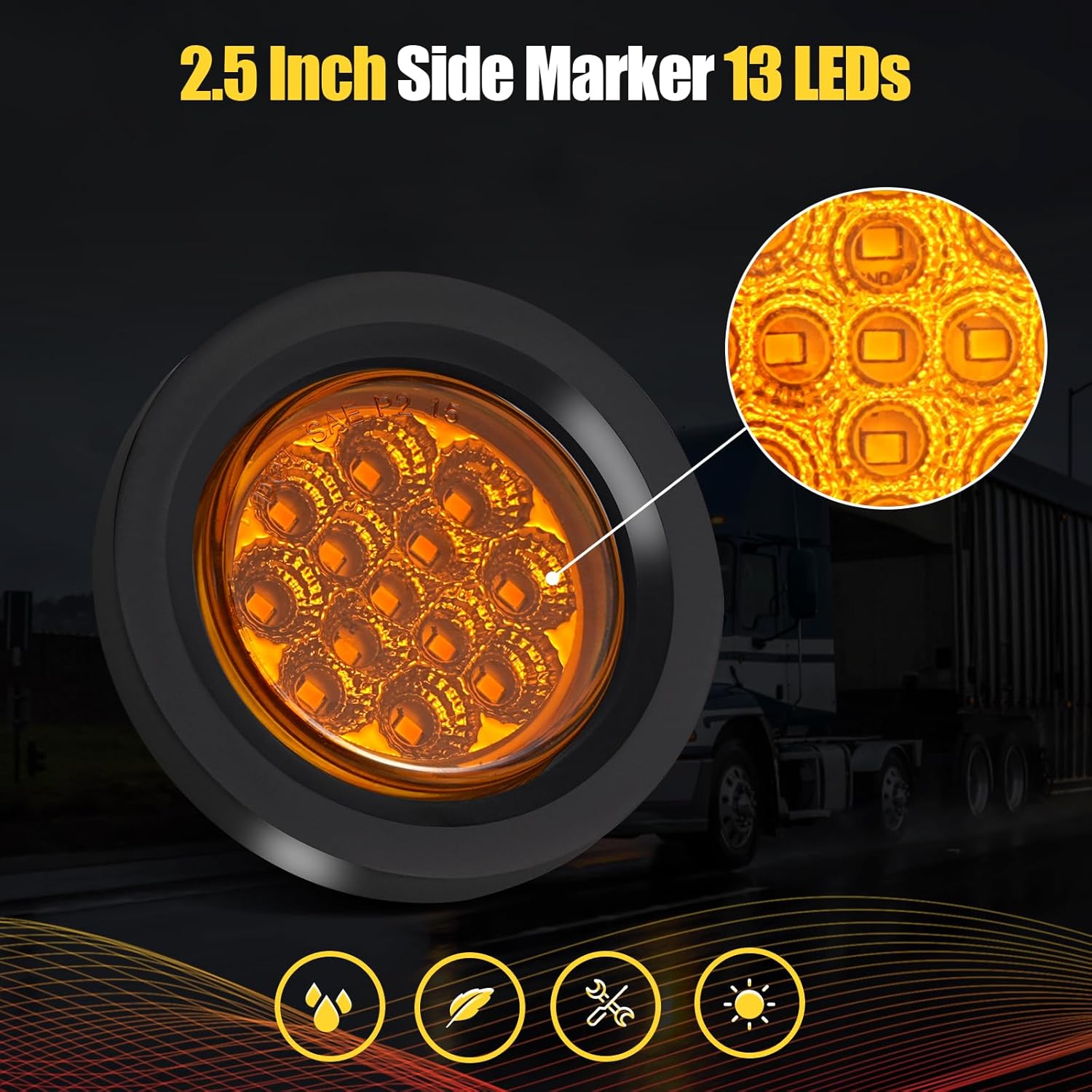 2.5 Inch Round LED Marker Lights, 13 LEDs 2.5in Red Round Trailer Clearance Marker Lights/Amber Marker Lights with Reflectors for Trailer Truck, RV, Waterproof Sealed- (10 Amber + 10 Red)