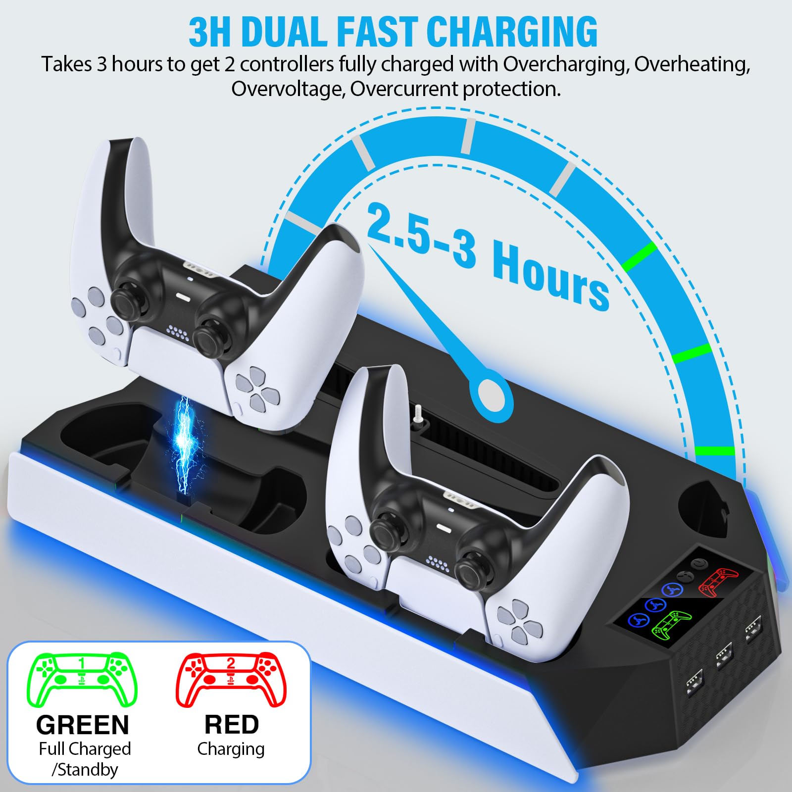 PS5/PS5 Slim Cooling Station Stand RGB con Dual Controller Base de carga para PlayStation 5 Consola PS5, accesorios PS5 incl. cargador de controlador, ventilador de refrigeración, soporte para
