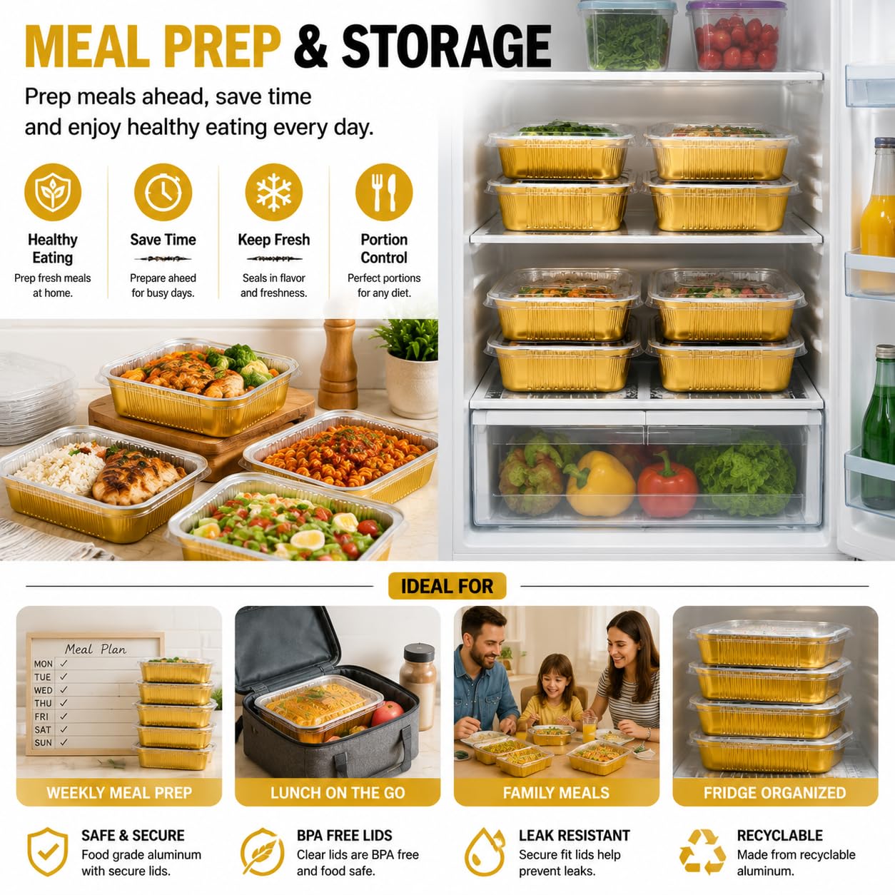 Paquete de 15 sartenes de aluminio resistentes con tapas de 9 x 13 pulgadas, bandeja de aluminio dorado para hornear de tamaño medio, contenedor de alimentos de doble grosor con tapas para