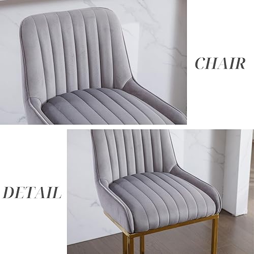 Miniatura 8 de Juego de 2 taburetes de bar de terciopelo gris moderno con patas doradas de 26 pulgadas de altura de mostrador, sillas de isla de cocina tapizadas