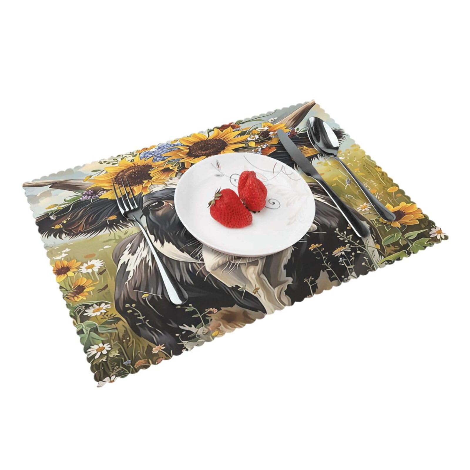 Sunflower Floral Cow (2) Placemats Set of 4 Print Table Mats Place Mats Table Decor for Kitchen Dining 12X18 in