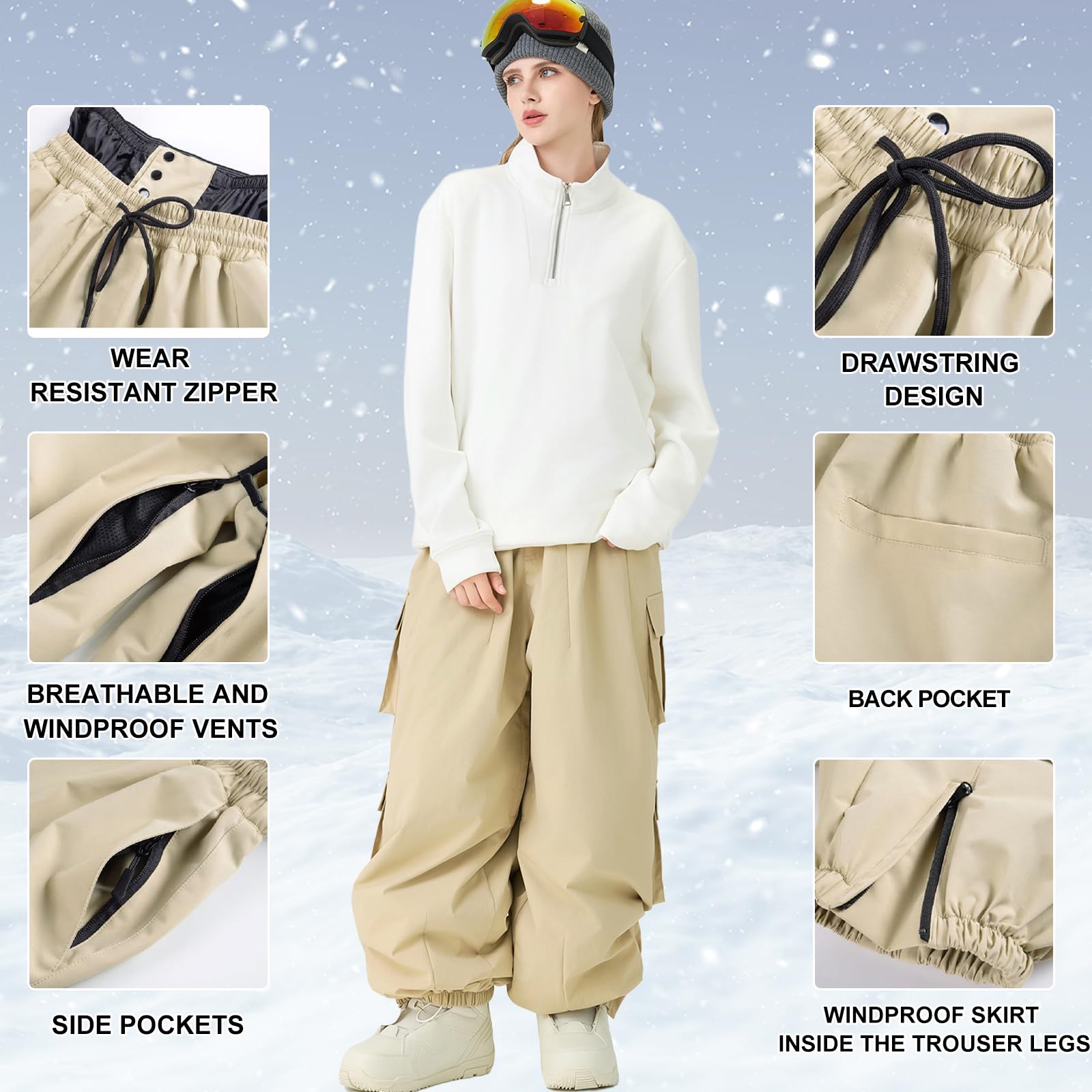 HOUZONIY Damen Skihose Wasserdicht Winddicht Snowboardhose Baggy Winterhose Gefüttert Softshellhose Winter Thermo Hose Wanderhose