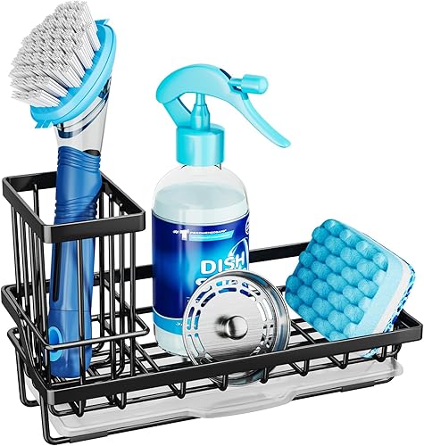 Consumest Soporte de esponja para fregadero de cocina, organizador de fregadero de cocina con bandeja de goteo extraíble para encimera, dispensador