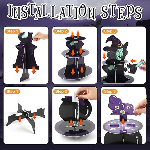 Miniatura 4 de Soporte para cupcakes de Halloween para 24 cupcakes de bruja y veneno, decoraciones de cupcakes de Halloween, de cartón, juego de 3 niveles y 2