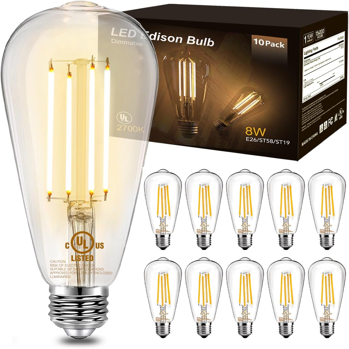 DAYBETTER 10 Pack Vintage LED Edison Bulbs, E26 Dimmable LED Bulb, 60 watt Equivalent, ST58 Antique Filament Light Bulbs with Warm White 2700K, Brightness 8W, 800LM, 80+ CRI, Clear Glass