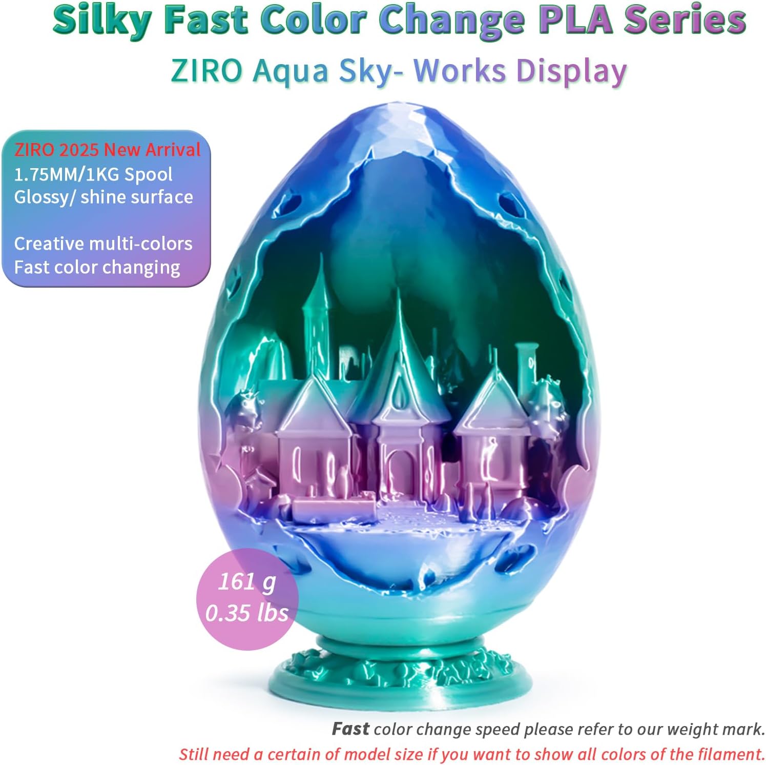 ZIRO Fast Color Change PLA, 1.75mm Color Gradient Filament, Glossy Rainbow PLA Filaments, Fit Most 3D Printer Pen, Shiny Surface 1KG/2.2lbs Spool, Aqua Sky (Silk)