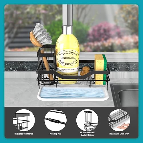Miniatura 9 de Vanwood Soporte de esponja para fregadero de cocina, organizador con soporte para cepillos y bandeja de drenaje, organizador de esponja de jabón a