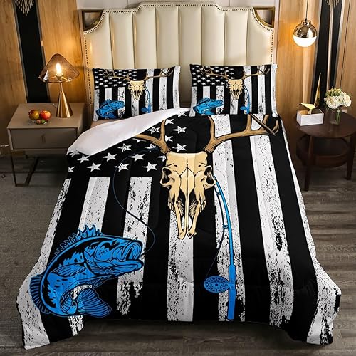 Miniatura 2 de Erosebridal Juego de edredón de bandera estadounidense, juegos de ropa de cama de pesca de caza, calavera de vaca, juegos de edredón de caña de