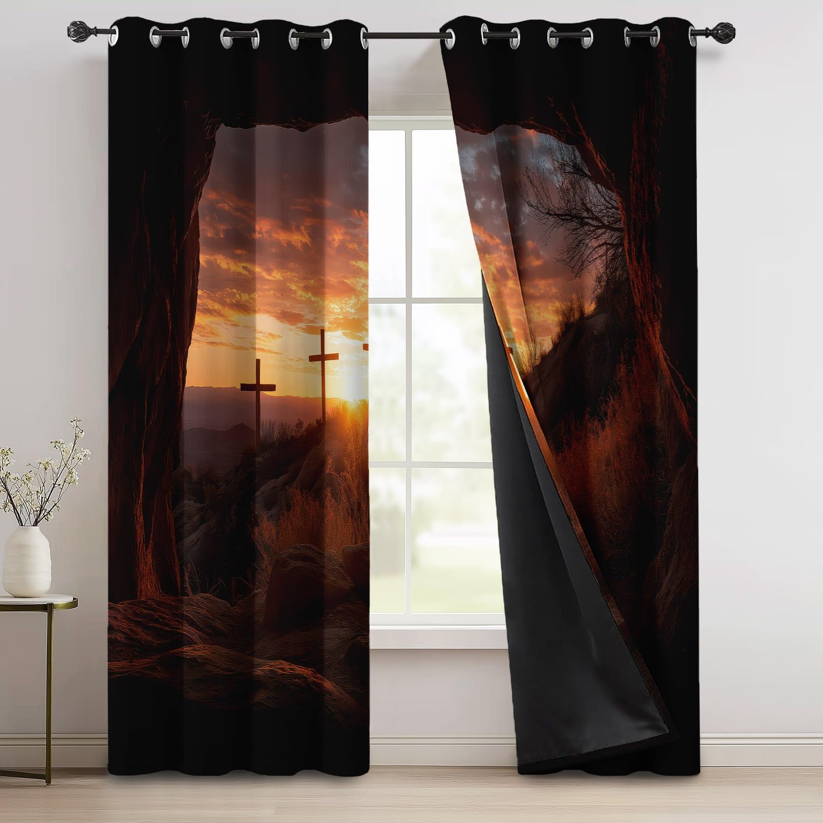 Landschaft Natur Verdunkelungsvorhänge Blickdicht mit Ösen, H 137 x B 117 cm (2er Pack) Blickdicht Gardinen Berge Sonnenuntergang Höhle, Thermovorhang für Wohnzimmer Schlafzimmer, Orange Braun