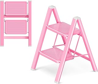 GameGem Pink 2 Step Ladder, Small Kitchen Step Stool for Adults, Widen 7...