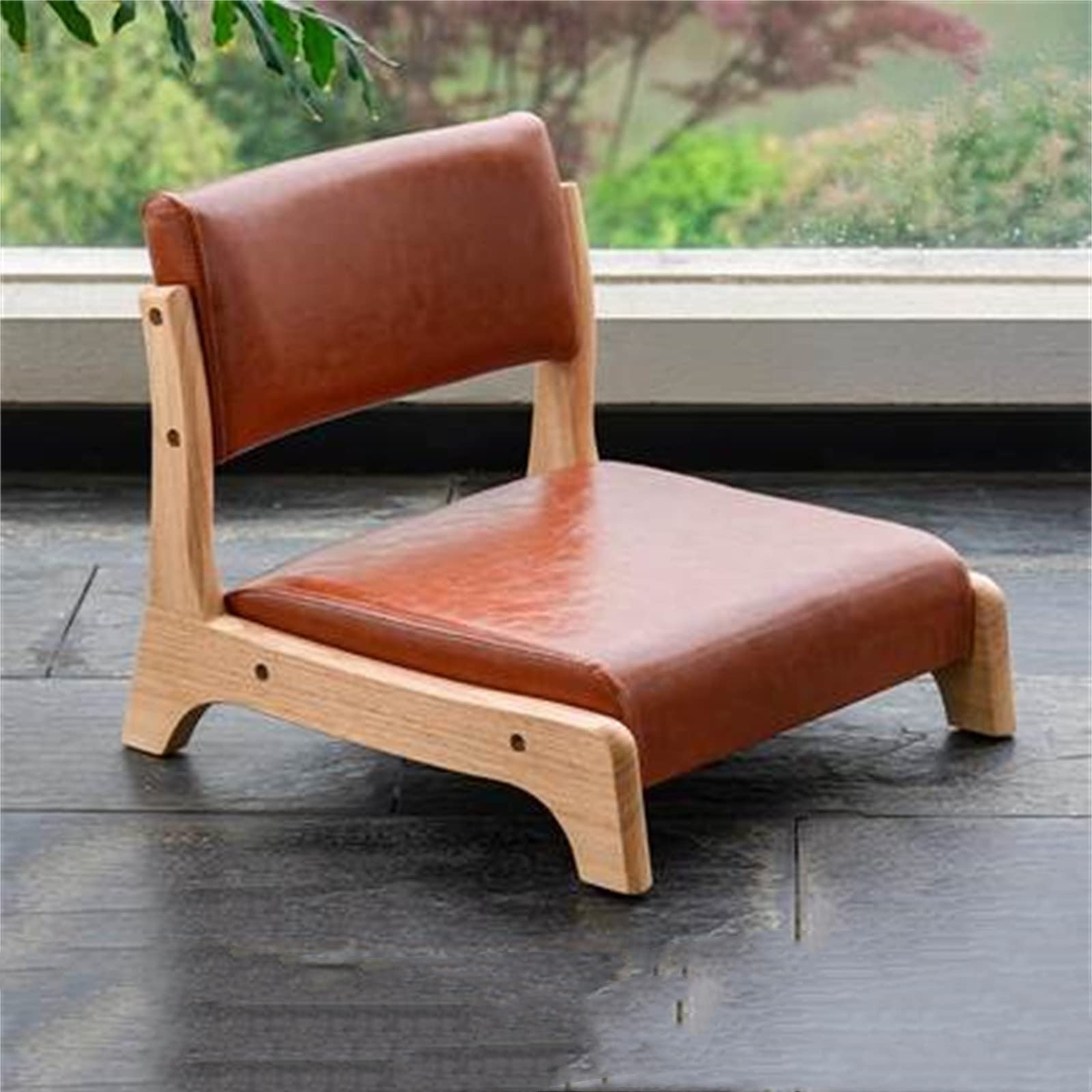 WOTZOV Floor Chair Chair Solid Wood Backrest Floor Lazy Chair Balcony Bay Window Chair Legless Chair/Green2/50 * 43 * 45Cm，Brown 1 50 * 43 * 45Cm