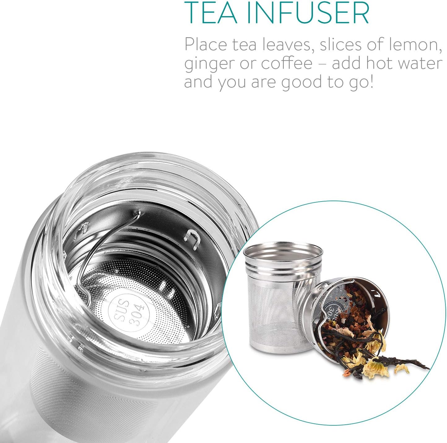 Navaris Glass Water Bottle with Tea Infuser - Double Walled Borosilicate Glass Travel Tumbler with Bamboo Lid and Non Slip Gray Neoprene Sleeve - 17oz - Image 6