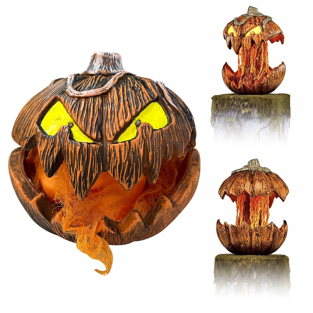 Halloween Deko Kürbis Gourdo Animatronic, CJBIN Halloween Animatronic kürbis Offenem Mund, h-alloween kürbis Animiert mit Lichtern Gruselige Dekorationen für Zuhause, Hofparty