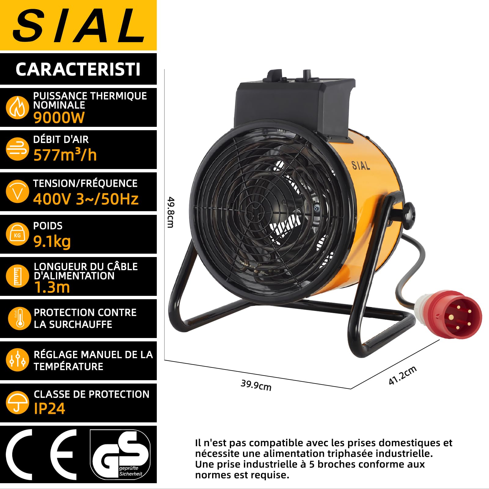 SIAL Industriel Radiateur électrique - 9000W, 400V Chauffage Soufflant - Pour Chantier, Atelier Ou Garage (Jaune)