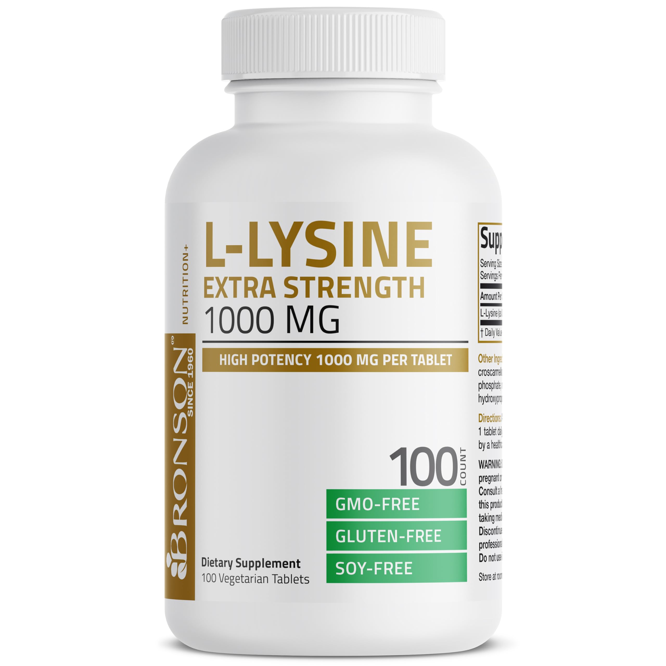 Bronson L-Lysine Extra Strength 1000 MG per Tablet High Potency, Immune Support & Supports Collagen Synthesis, Non-GMO, 100 Vegetarian Tablets
