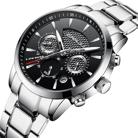 Tamlee Mens Watches Silver Stainless Steel Strap Quartz Analog Chronograph Wristwatch Waterproof Date Business Watch in Black Dial