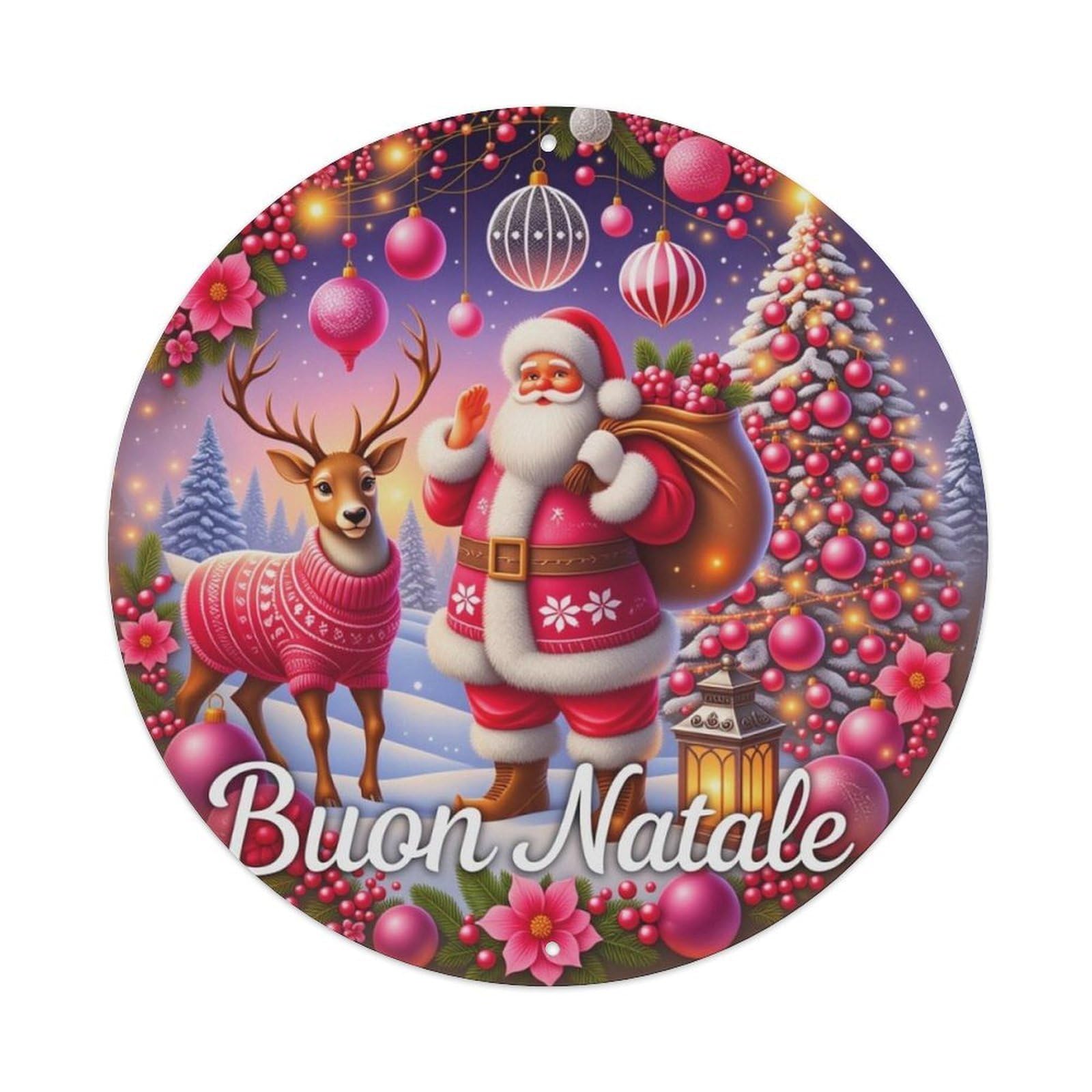 Pink Wreath Santa Reindeer Buon Natale Christmas Round Metal Sign Vintage Aluminium Metal Sign, Retro Wall Decor for Home, Bar, Garage & Farmhouse 20x20cm