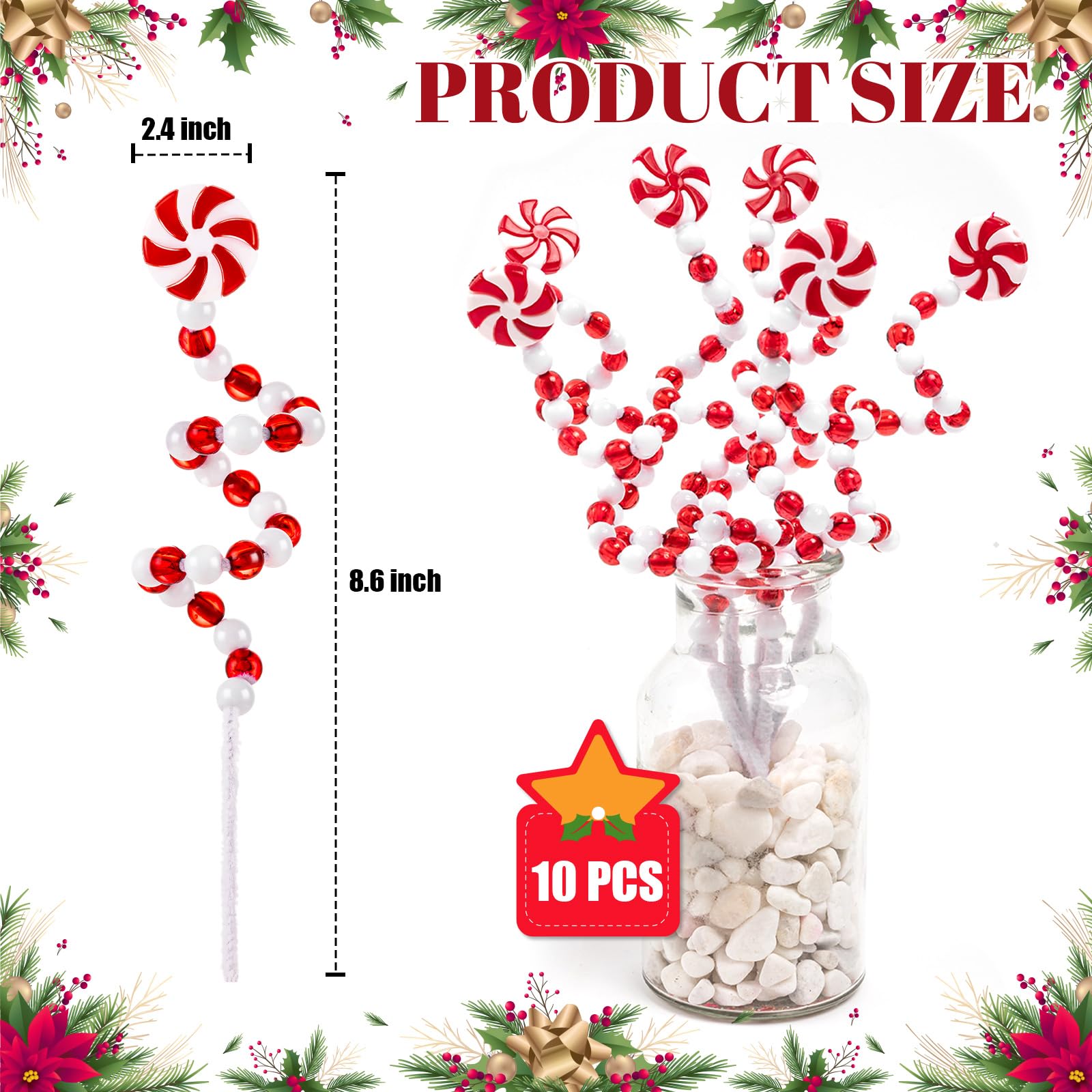 Christmas Candy Curly Pick, 10Pcs Red White Christmas Tree Toper Candy Picks, Christmas Tree Ornaments for Home Office Vase Party Decoration