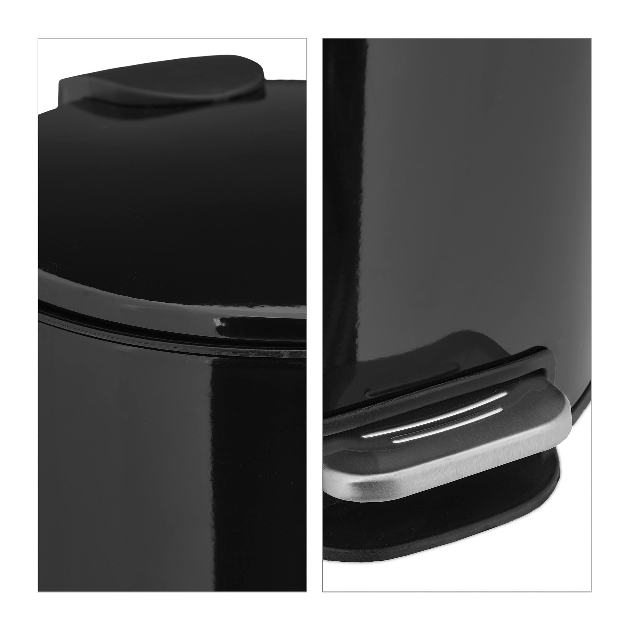 Relaxdays Cubo Basura, 5 litros, Mecanismo Automático, Bote Interior Extraíble, Papelera Baño, Metal, con Pedal, Negro