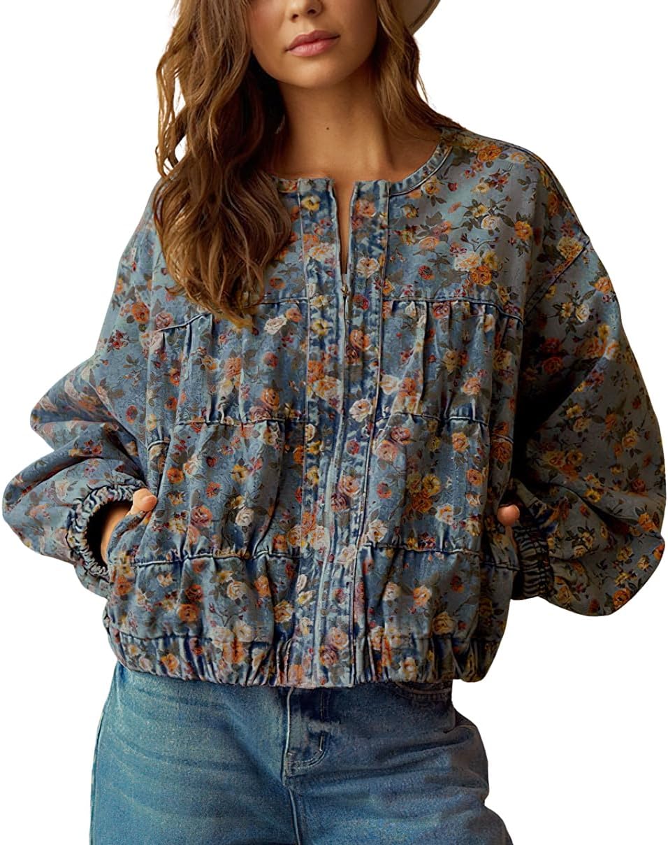 chouyatou Women Spring Fall Oversized Jean Jacket Trendy Lightweight Y2K Floral Denim Bomber Jacket Coat