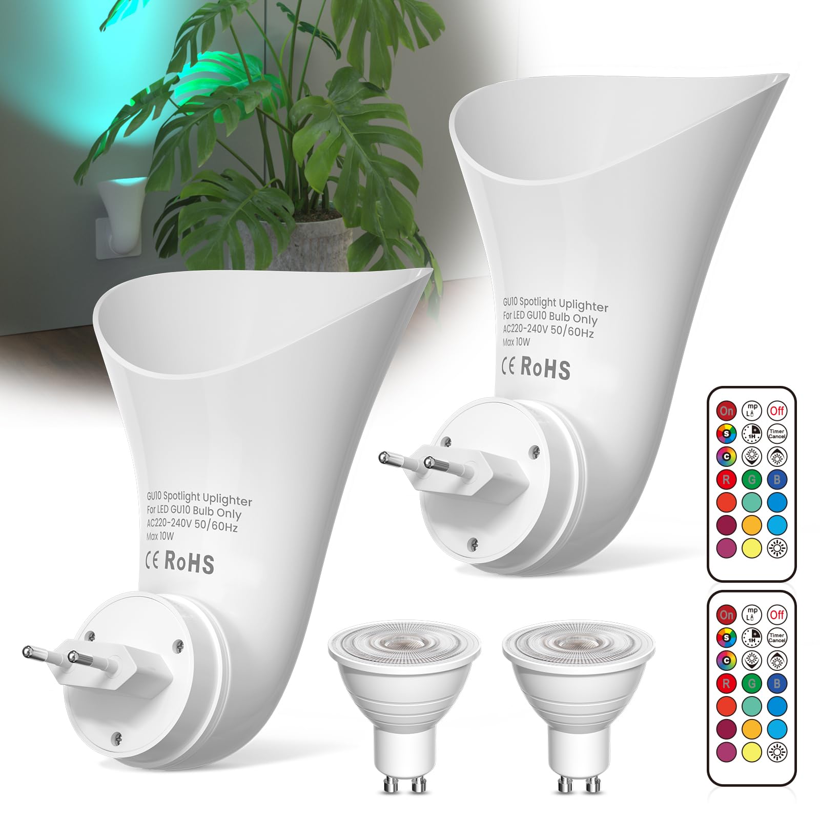 Plugin GU10 Lampada a Parete con Faretto Uplighter - 360° Rotabile, 13 Colori, Luce Dimmabile con Funzioni Timer e Memoria, Spot Luminosi, Presa di Corrente, Lampadina LED Inclusa, Pack di 2