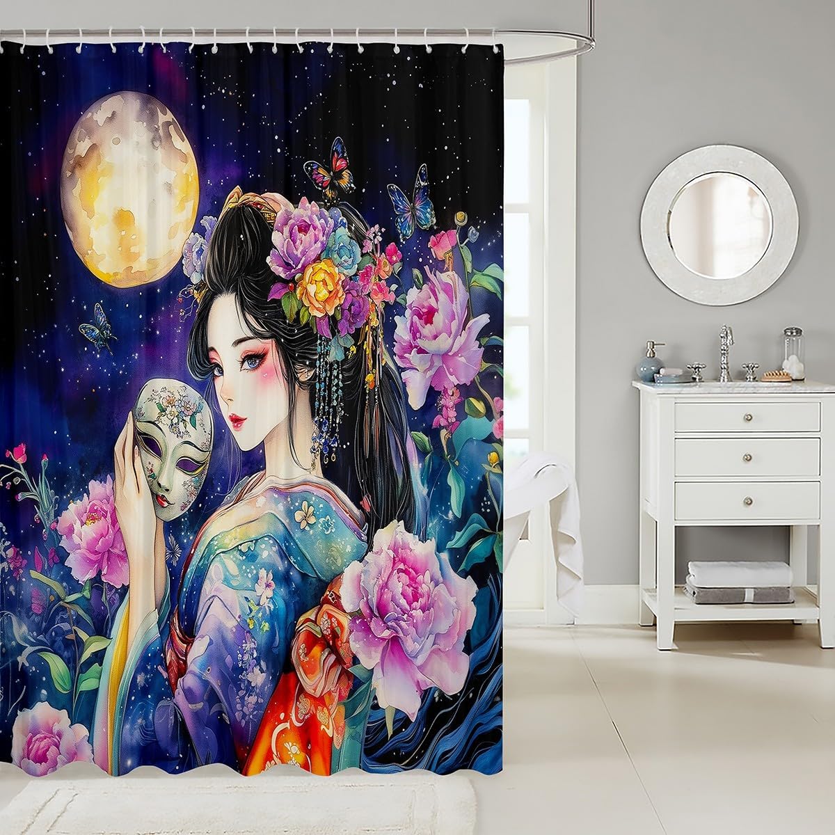 Castle Fairy Japanese Geisha Girl Shower Curtain,Pink Purple Floral Bathroom Curtain,Moon Starry Sky Night Waterproof Curtain for Kids Girls Woman Adult Room Decor,Exotic Ukiyoe Style Bath Curtain