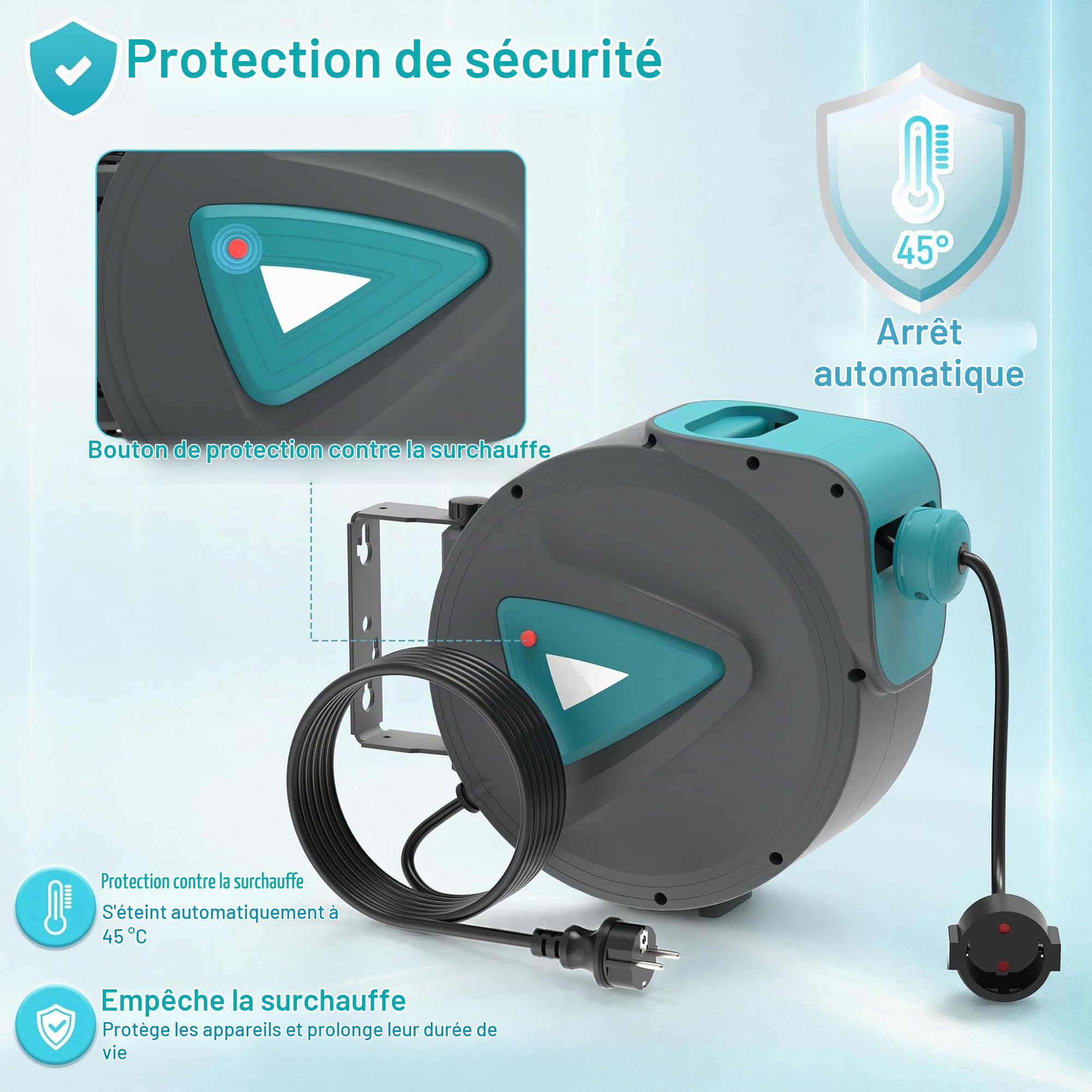 Froadp 20m Enrouleurs de Câbles électriques, Enrouleur Automatiques avec Rotation 180° Support Mural, Fils Prolongateur électrique avec Protection Contre les Surcharges(Bleu)