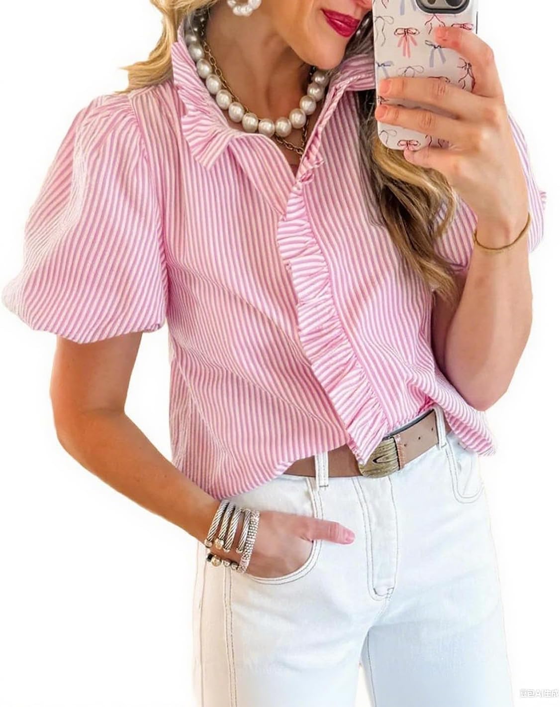 Pinclodly Womens Button Down Shirt Stand Collar Ruffle Top Striped Long Sleeve Shirts Work Tops for Women Trendy