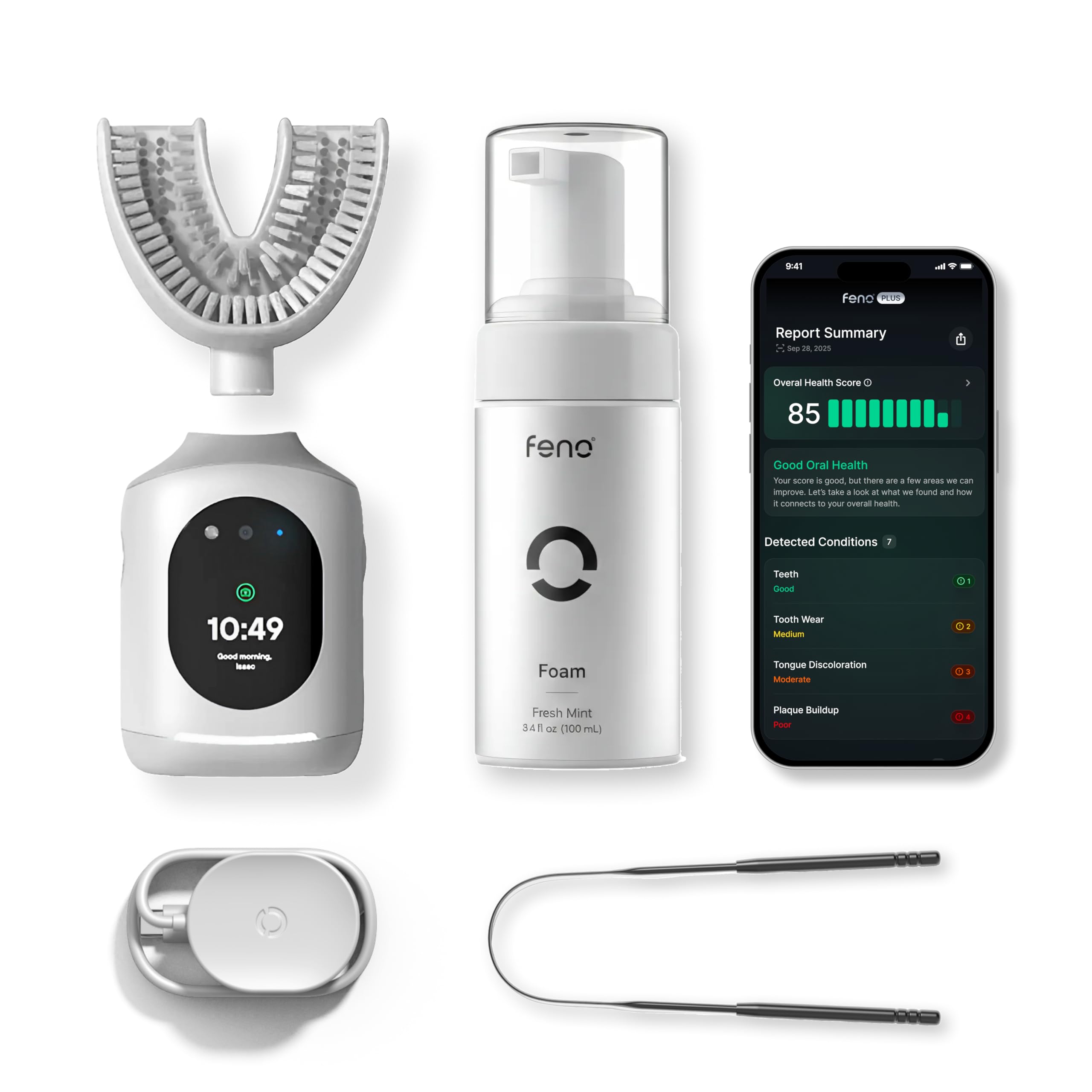 Feno Smartbrush Founders Edition Plus AI-Powered Electric Toothbrush with Personalized Mouthpiece 1 Tube Foam Toothpaste Tongue Scraper 12-Month