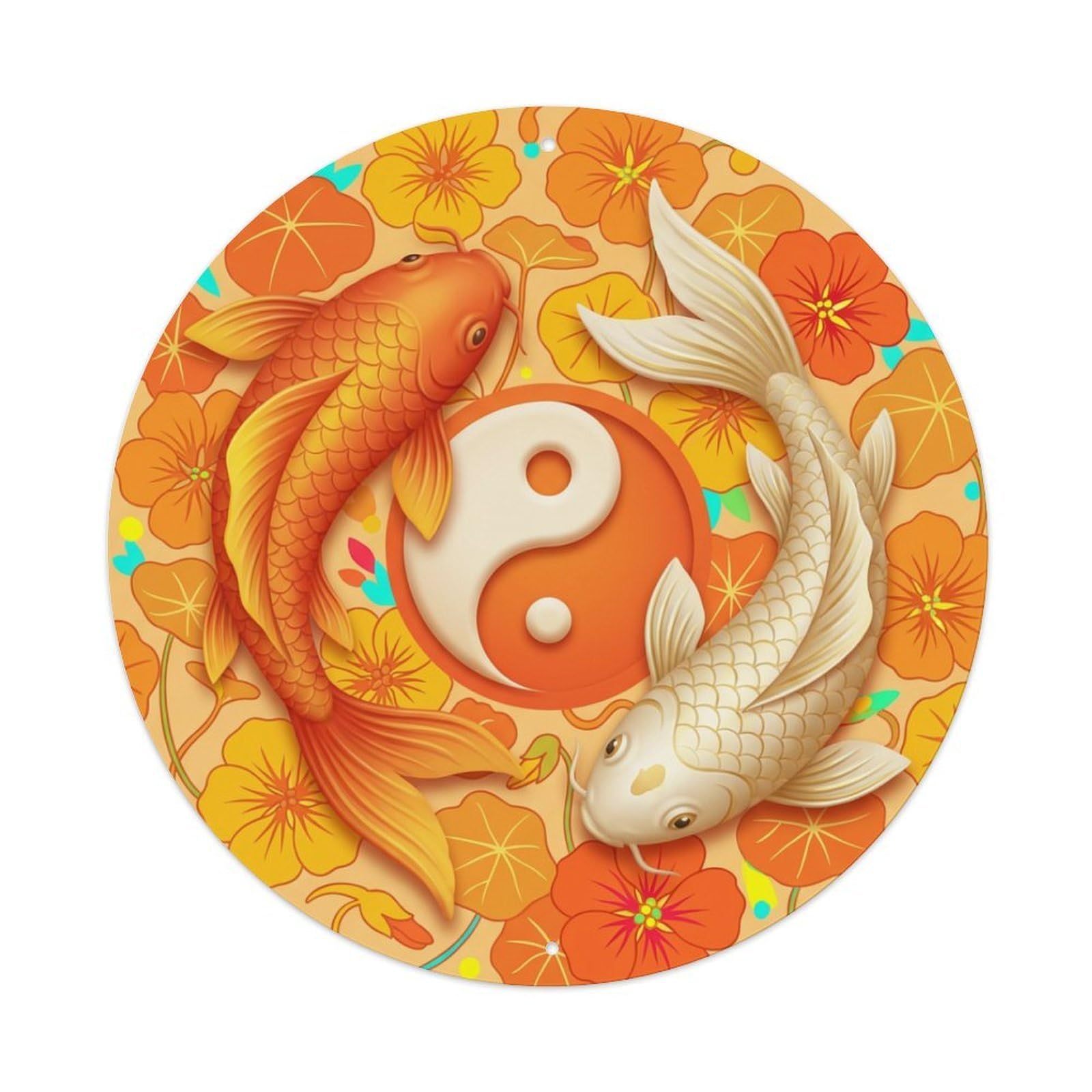 Metal Tin Sign Tai Chi Koi Fish Nasturtium Orange