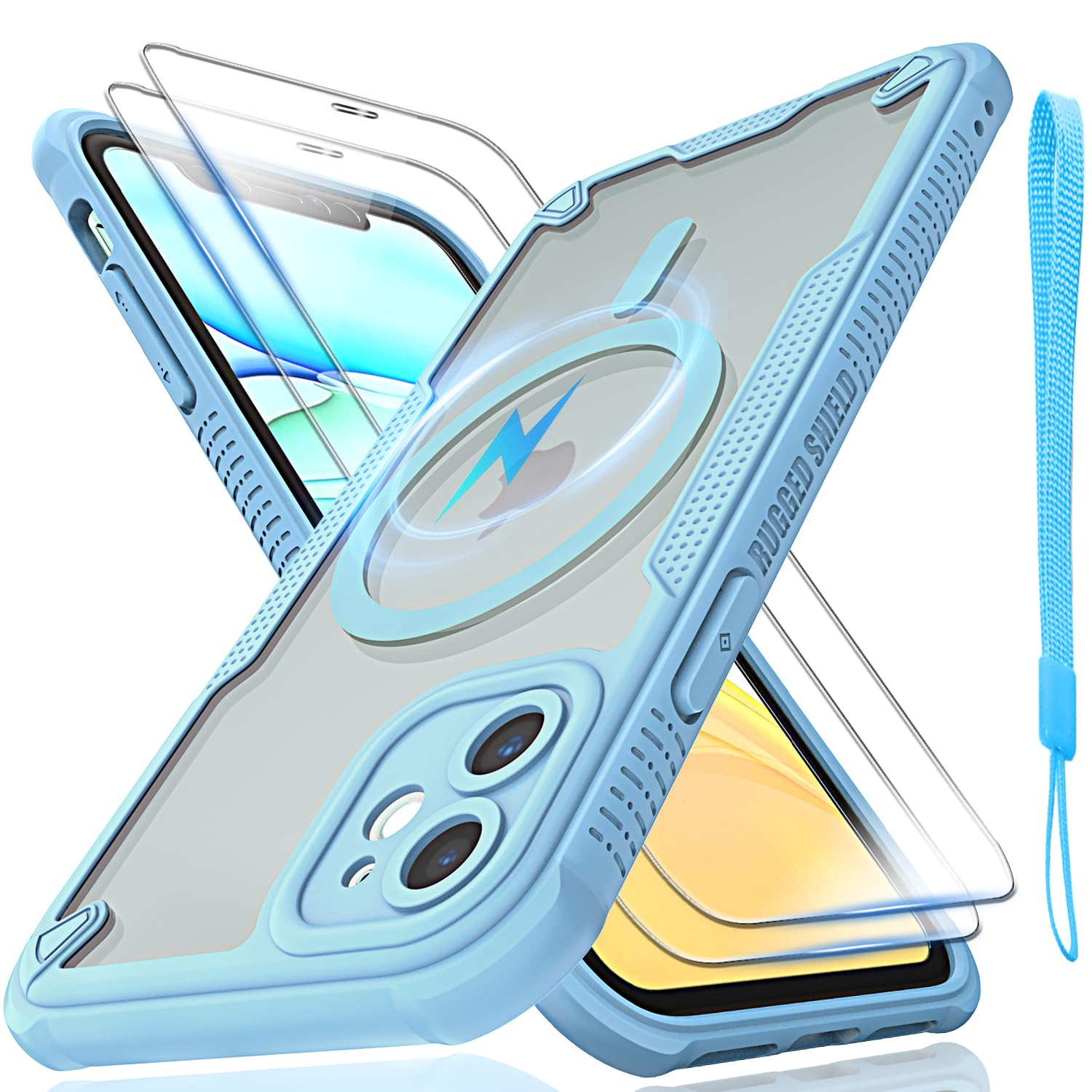 Coque iPhone 11 compatible MagSafe bleu mat avec cordon et 2 verres trempés
