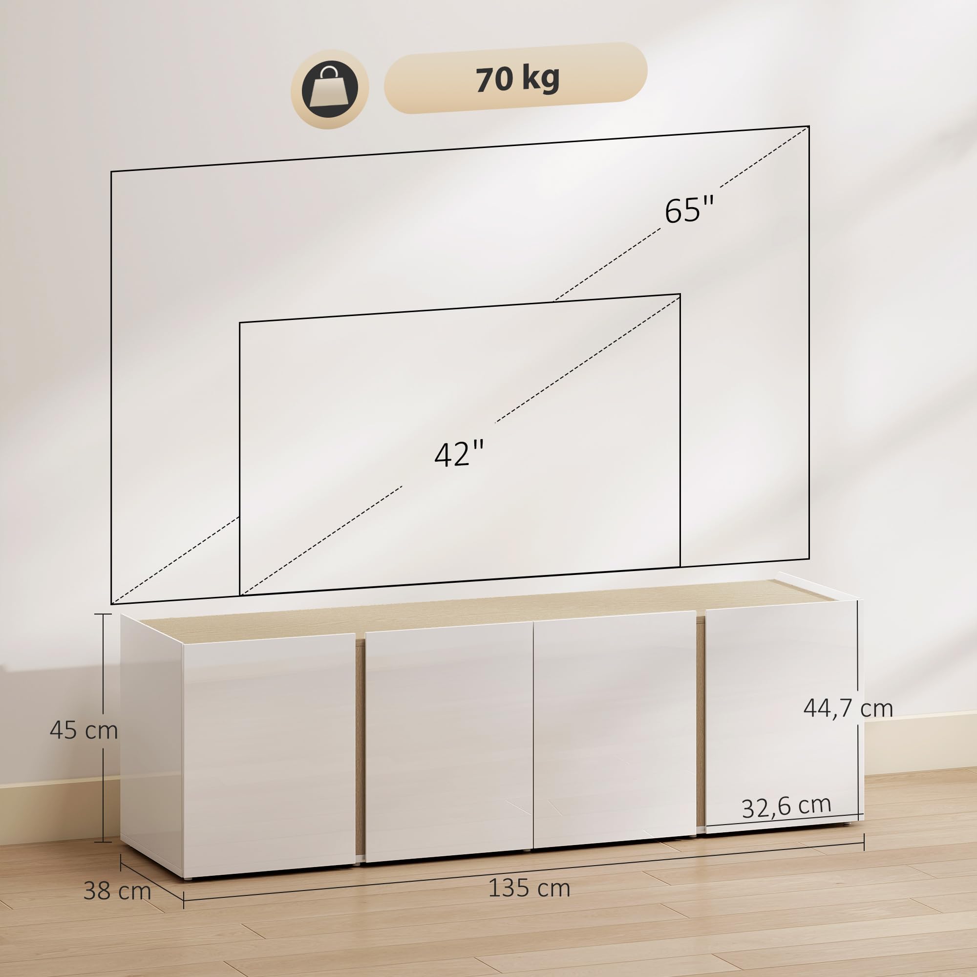 HOMCOM TV Schrank Lowboard für Fernseher bis 65 Zoll 135 cm lang Weiß
